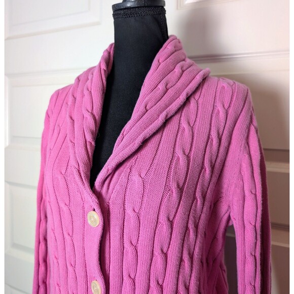 Chaps Size L Cardigan Shawl Collar Cotton Sweater Cable Knit Pink Old Money Chic - Picture 2 of 8